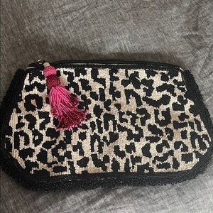 Anthropologie Black and White Beaded Clutch with Pink Tassel